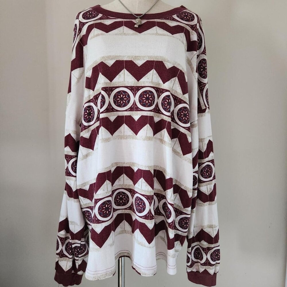 Vintage BIG BOSS Wine Burgundy & White Long Sleeve Chevron Print T-Shirt. MNS 2X